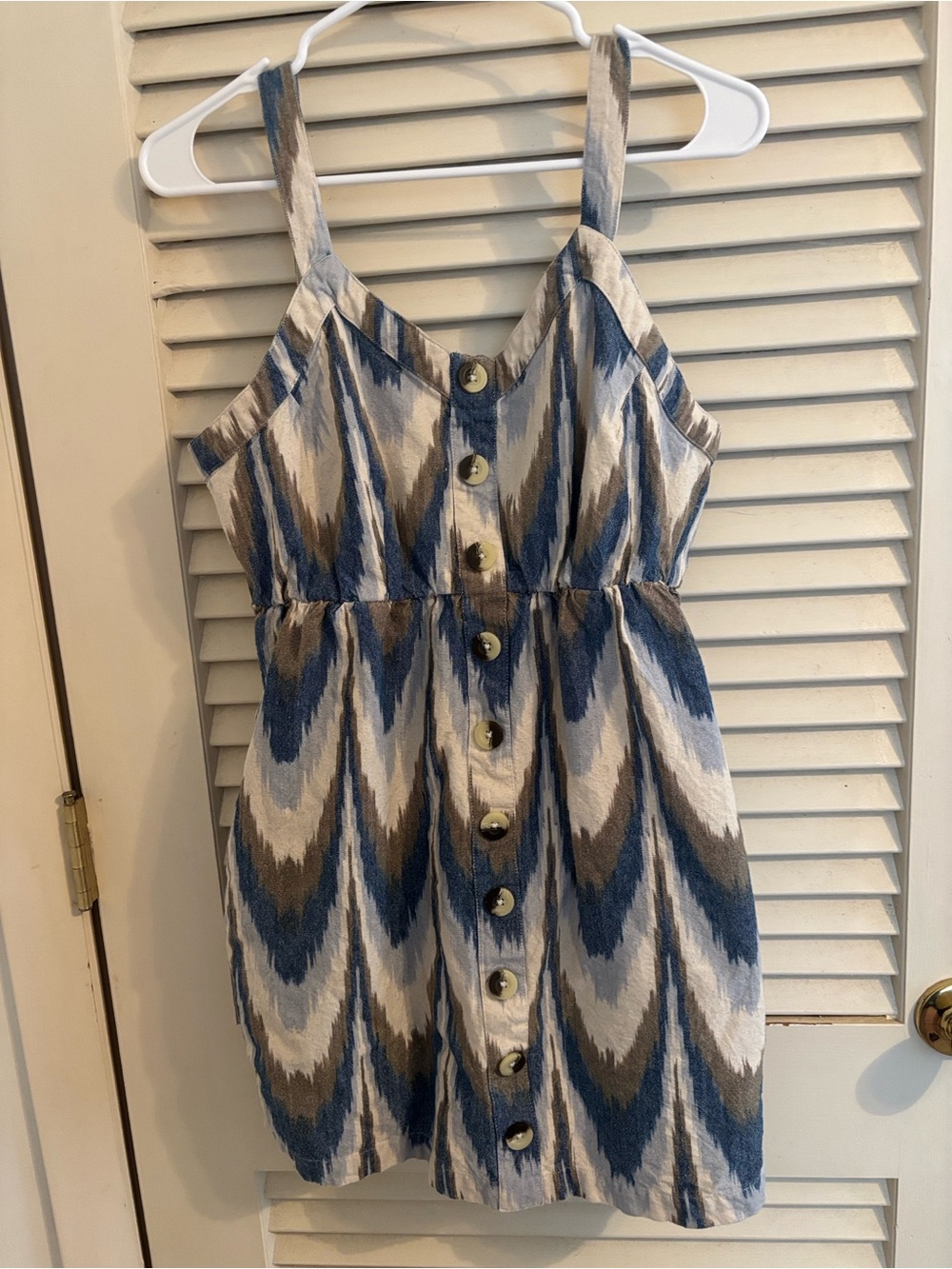Shyanne Blue, Cream & Brown Ikat Button-Front Dress